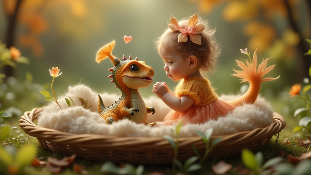 baby talk - a cute dinosaur chatting with a human baby, surreal scene